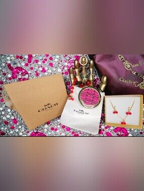 Coach Signature C Compact Mirror With Red Cherry Fashion Jewelry Bundle NWT